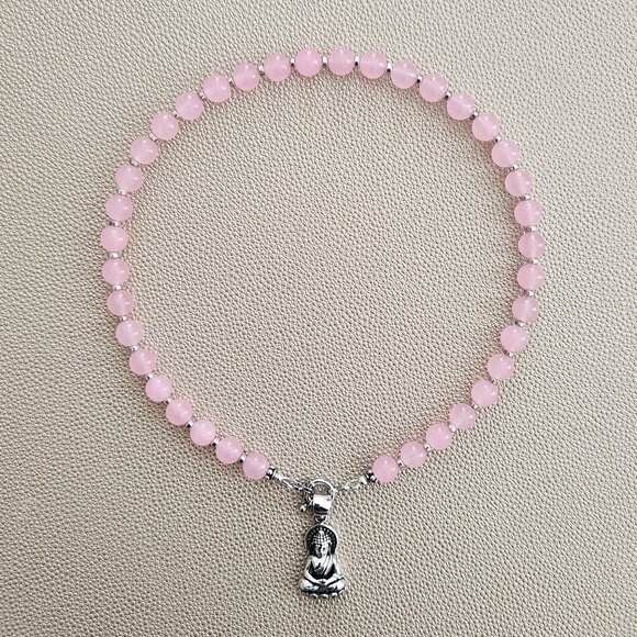PINK JADE NECKLACE W/ 925 SITTING LOTUS BUDDHA--16" - Picture 2 of 2